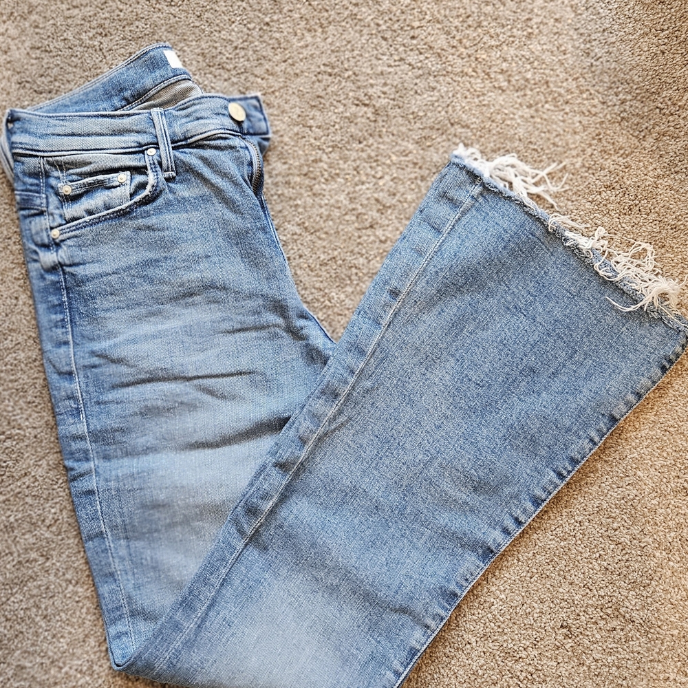 MOTHER Blue Flare Wide Leg Jeans with Distressed Hem